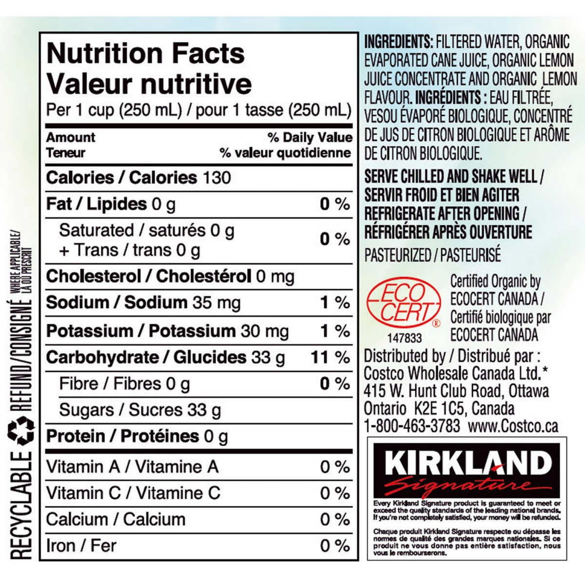 Image of Kirkland Signature Organic Lemonade - 1 x 6.0776 Kilos