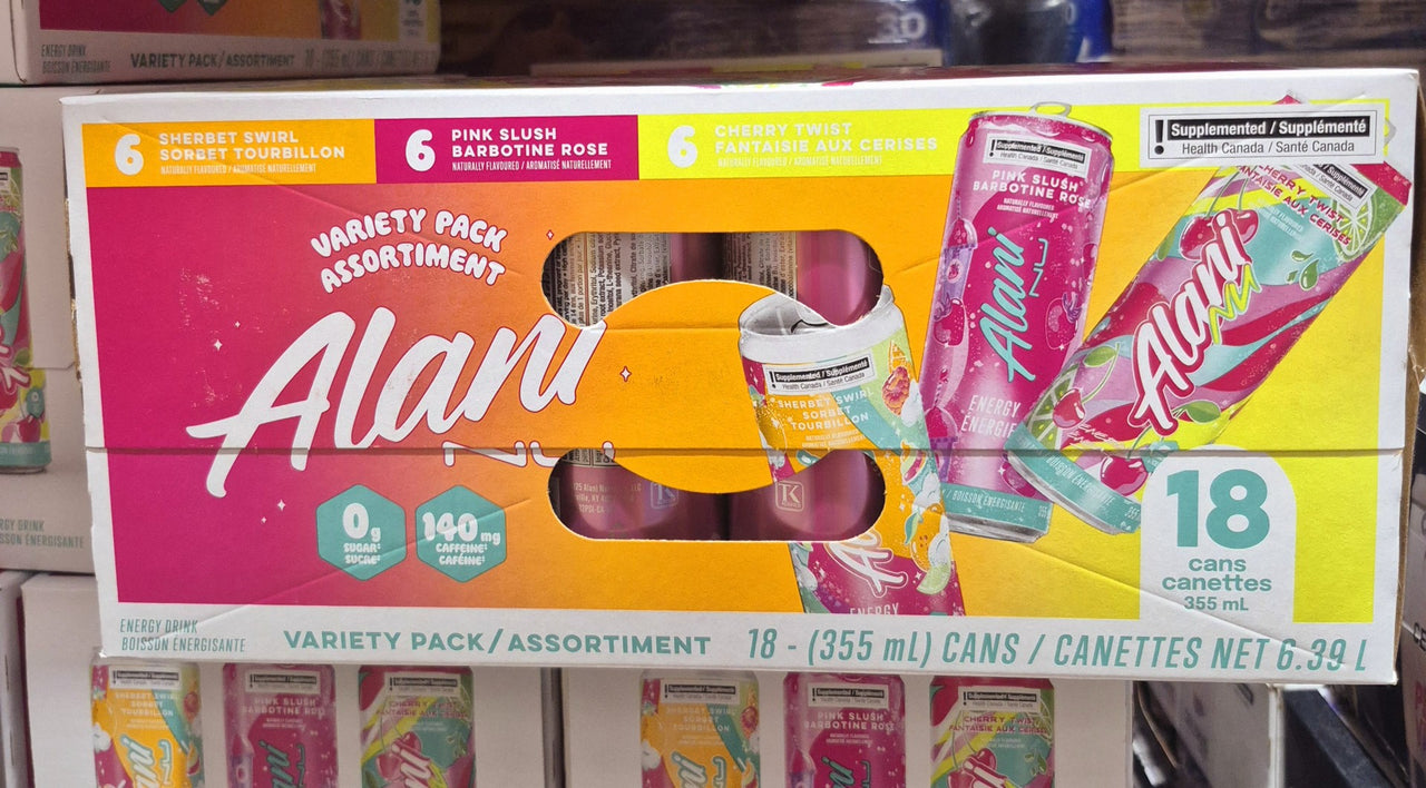Alani Nu Energy Drinks: sherbet swirl, pink slush, & cherry twist - 18 x 355 ML