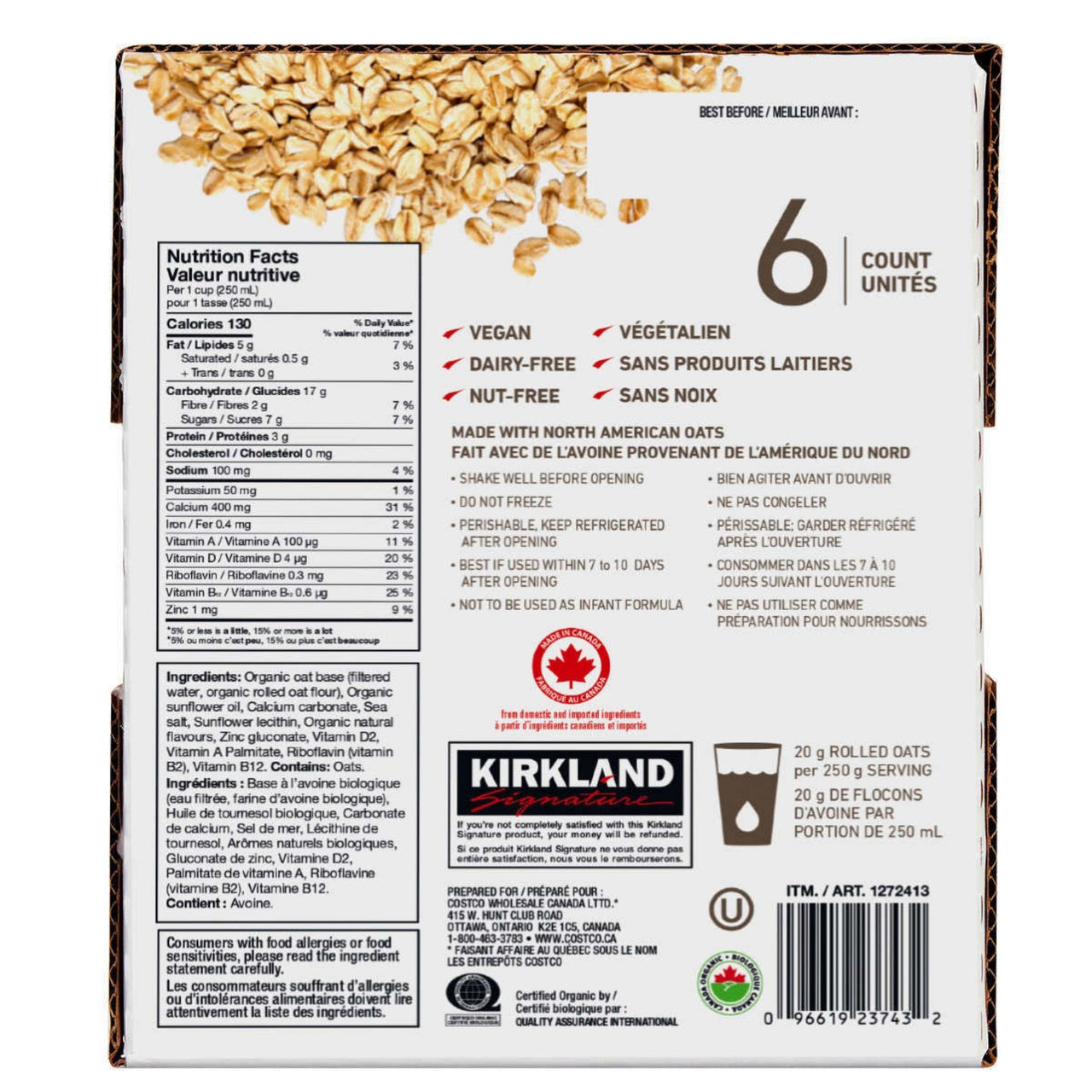 Image of Kirkland Signature Organic Oat Beverage 6x946ml